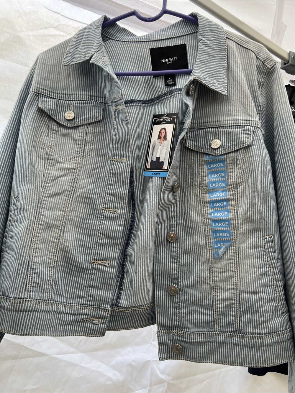 Nine West Light Blue Pinstriped Denim Jacket